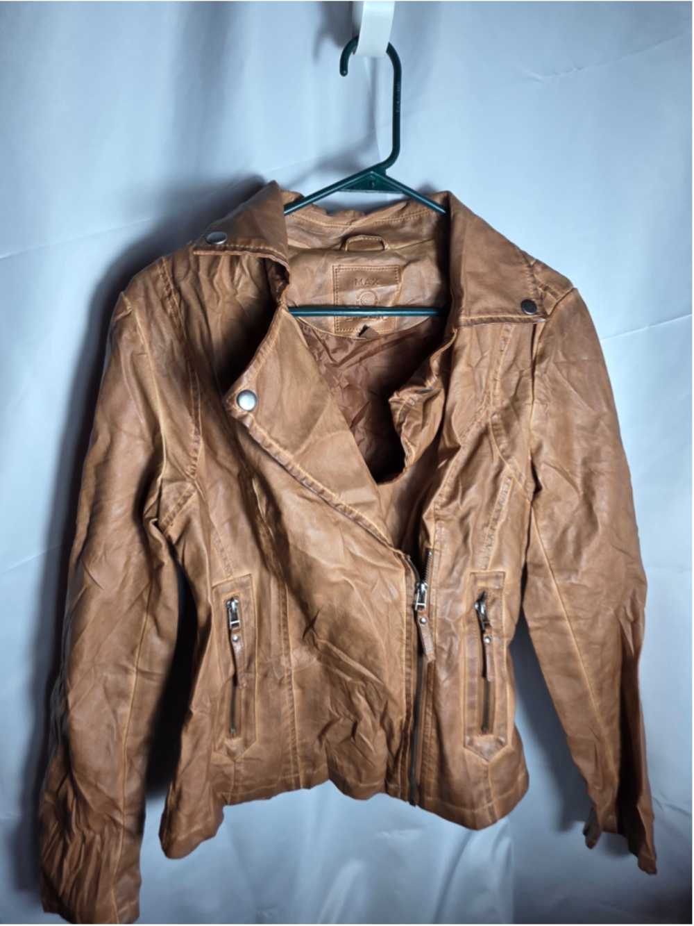 Women's Max Studio Tan Faux Leather Moto Jacket Size M fall bikercore sexy